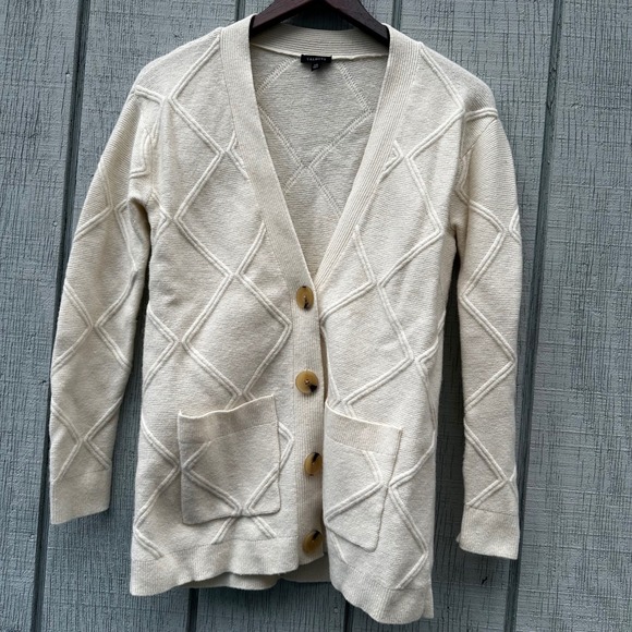Talbots Sweaters - Talbots Cream Diamond Knit Cardigan Lambs Merino Cashmere Blend Big Buttons XS
